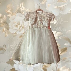 TULIP White Puff Sleeve tulle skirt flower girl/christening/baptism formal dress